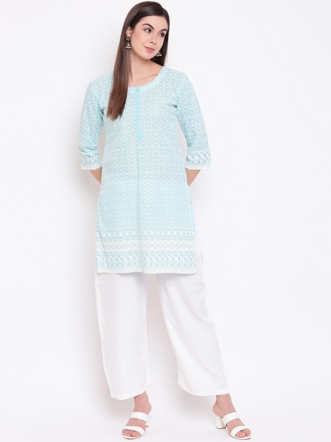 

Ashnaina Women Blue & White Self Design Kurta with Palazzos