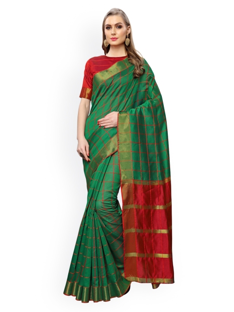 

KALINI Green & Red Silk Cotton Checked Chanderi Saree