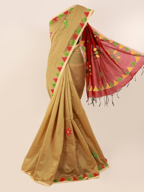 

Pothys Cream & Red Floral Patchwork Saree