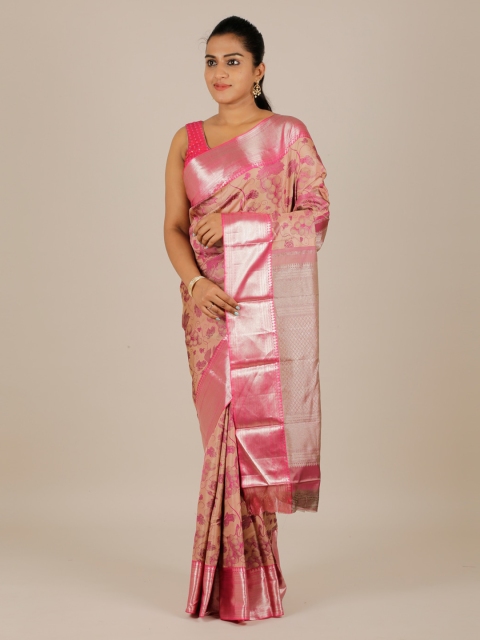 

Pothys Peach-Coloured & Silver-Toned Pure Silk Woven Design Kanjeevaram Saree