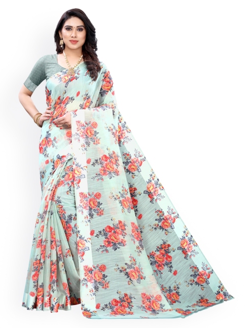 

KALINI Sea Green & Coral Polycotton Printed Saree