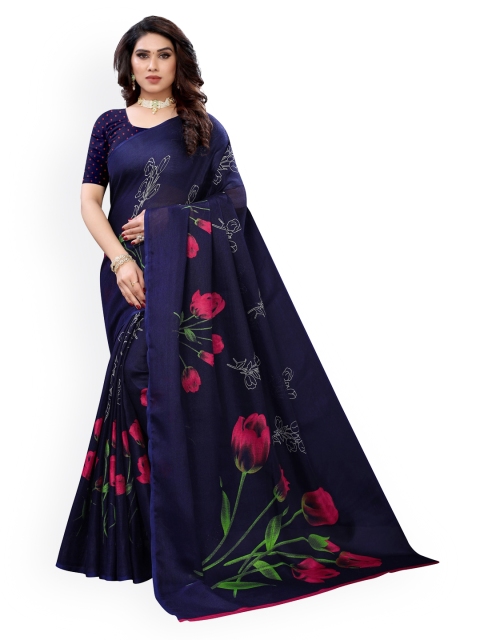 

KALINI Navy Blue Floral Printed Jute Cotton Saree
