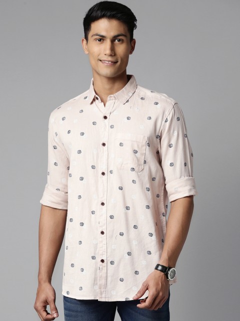 

William White Men Cream-Coloured & Black Slim Fit Printed Casual Shirt