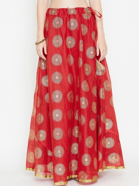 

studio rasa Maroon & Gold-Coloured Chanderi Foil Printed Flared Maxi Skirt