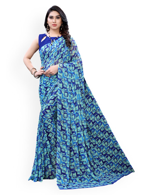 

KALINI Blue Printed Poly Chiffon Saree