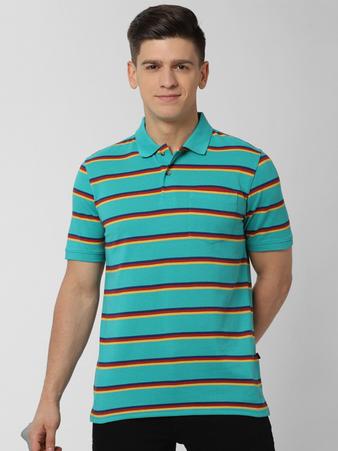 

Peter England Casuals Men Turquoise Blue Striped Polo Collar T-shirt