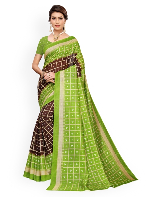 

KALINI Green & Brown Poly Silk Printed Bandhani Saree