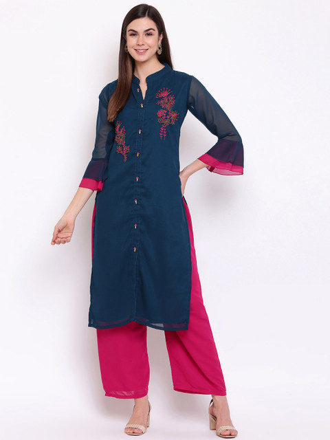 

Ashnaina Women Teal Blue & Pink Embroidered Kurta with Trousers