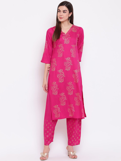 

Ashnaina Women Fuchsia & Gold-Toned Printed Kurta with Trousers