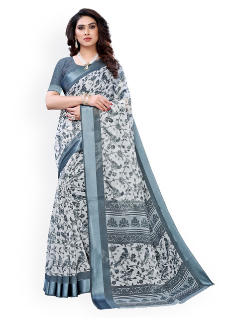 

KALINI Off-White & Grey Polycotton Printed Saree