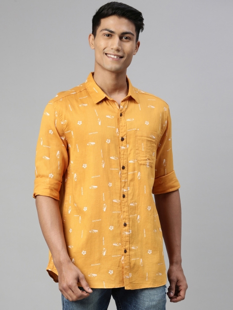 William White Men Mustard Slim Fit Printed Casual Shirt