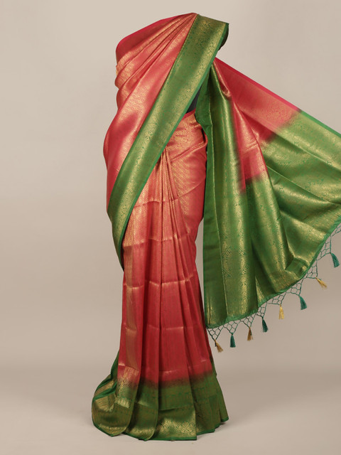 

Pothys Coral Red & Green Jute Silk Woven Design Saree