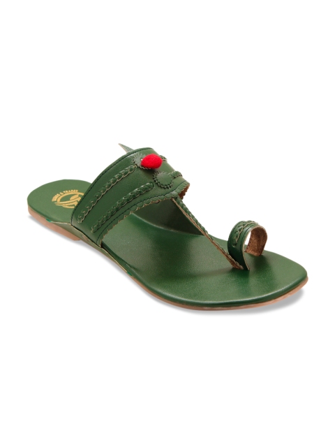 

TRENDS & TRADES Women Green Woven Design Leather One Toe Flats