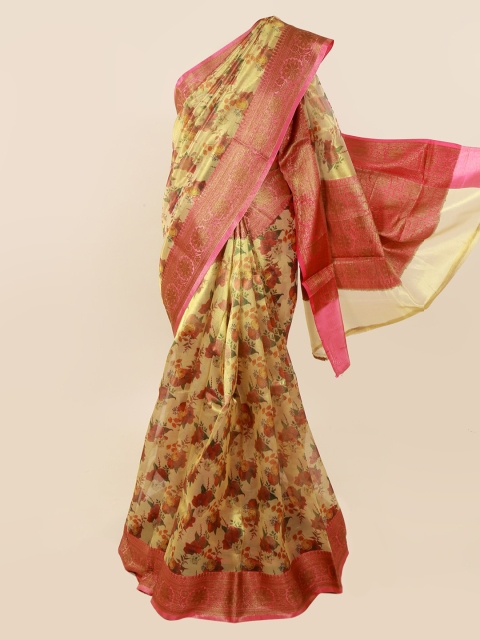 

Pothys Gold-Toned & Pink Tissue Printed Saree