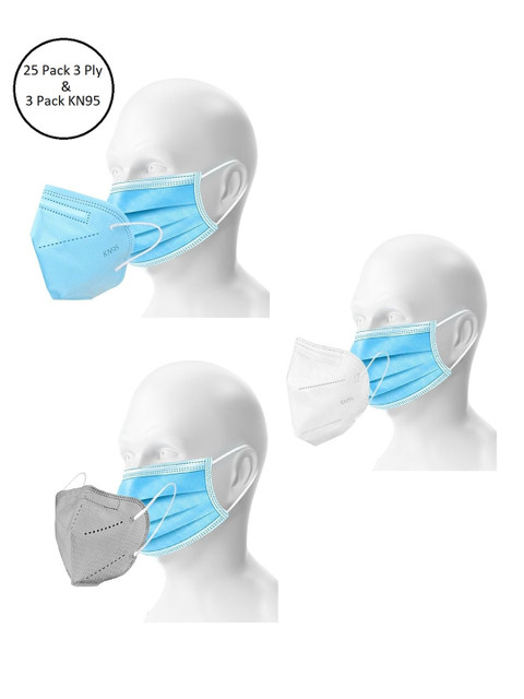 

OOMPH Unisex Blue & White Double Mask Set Of 25 Disposable & 3 Pc Reusable KN95/N95 Masks