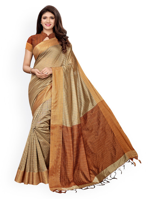 

KALINI Beige & Brown Silk Cotton Checked Chanderi Saree