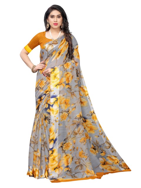 

KALINI Grey & Yellow Cotton Blend Printed Saree