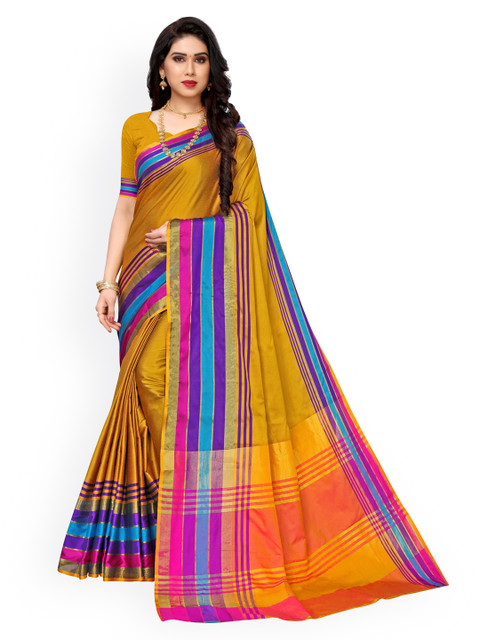 

KALINI Mustard & Blue Poly Silk Solid Kanjeevaram Saree