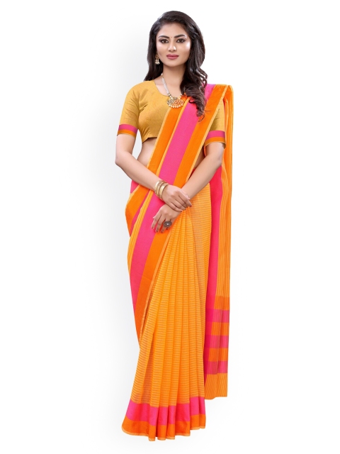 

KALINI Yellow & Pink Cotton Blend Striped Banarasi Saree