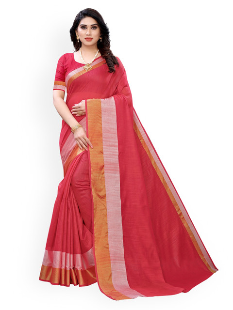 

KALINI Red Polycotton Solid Kanjeevaram Saree