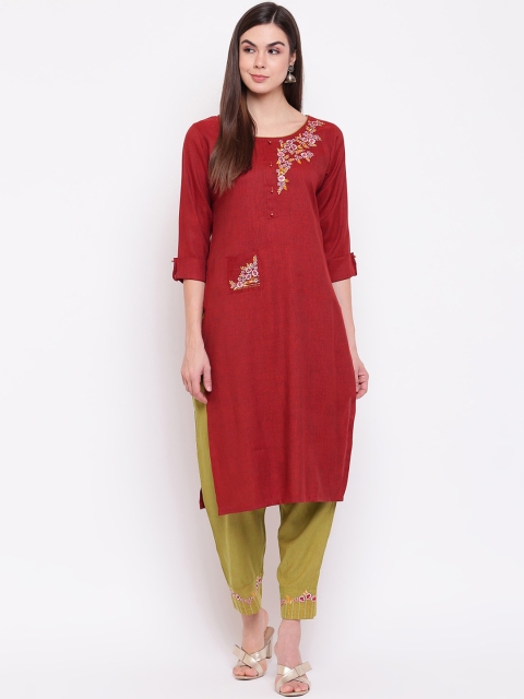 Ashnaina Women Maroon & Green Embroidered Kurta with Trousers