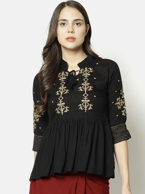 

V2 Value & Variety Black Tie-Up Neck Peplum Top
