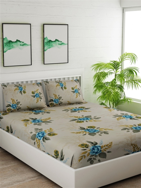 

Salona Bichona Beige & Blue Floral 144 TC Cotton 1 Queen Bedsheet with 2 Pillow Covers