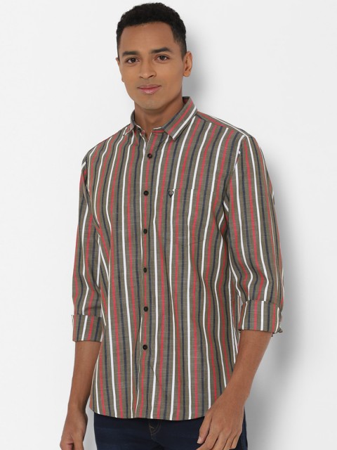 

Allen Solly Men Olive Green & Red Slim Fit Striped Cotton Casual Shirt