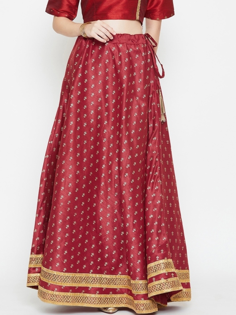 

studio rasa Women Maroon & Gold-Coloured Block Printed Dupion Silk Flared Maxi Skirt
