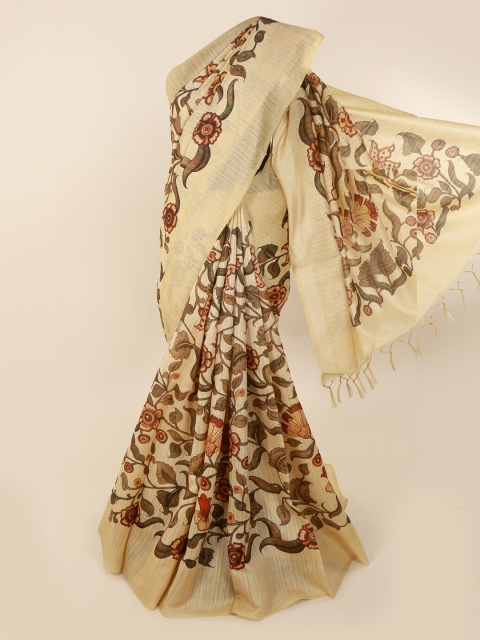 

Pothys Cream-Coloured & Green Jute Silk Printed Saree