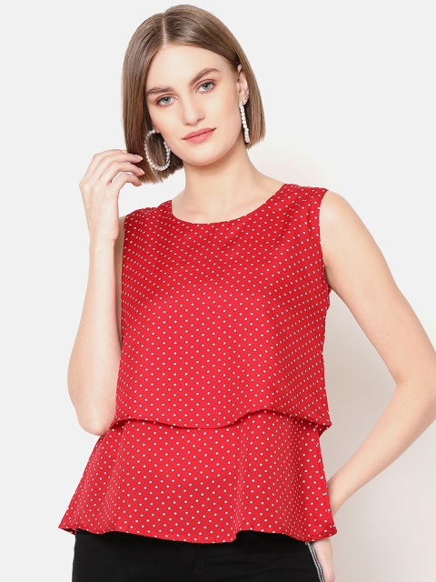 

V2 Value & Variety Red & White Polka Dots Printed Crepe Tiered Top