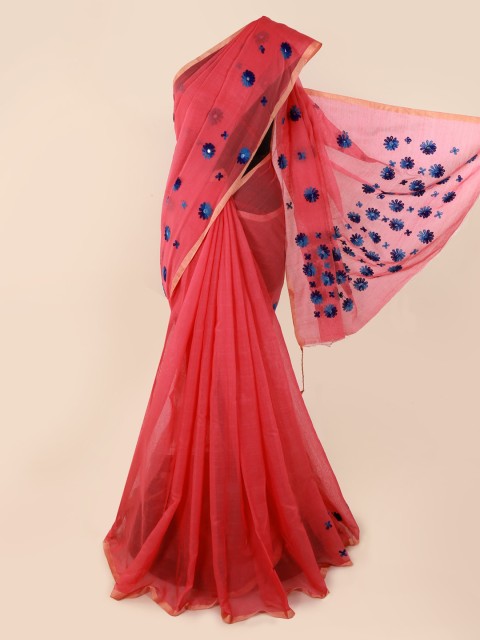 

Pothys Pink & Blue Cotton Blend Embroidered Saree