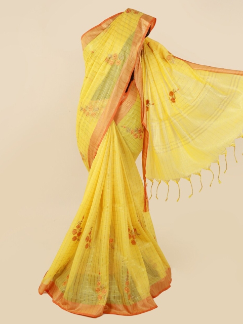 

Pothys Yellow Embroidered Linen Blend Saree