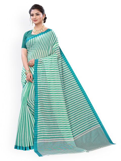 

KALINI Green & White Polycotton Striped Banarasi Saree