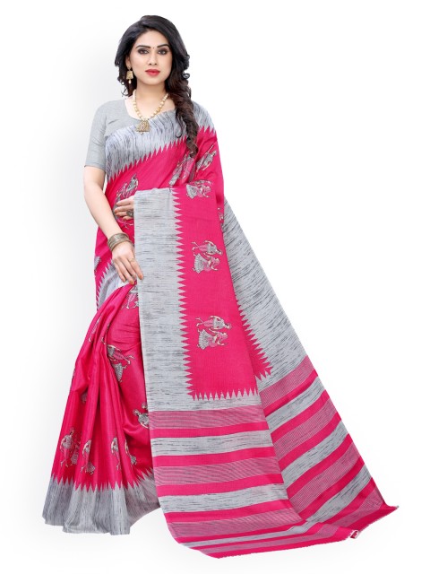 

KALINI Pink & Grey Art Silk Printed Khadi Saree