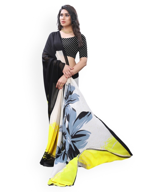 KALINI Black & Off-White Pure Georgette Colourblocked Saree