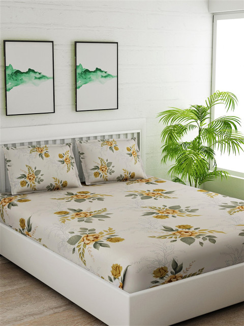 

Salona Bichona Beige & Yellow Floral 144 TC Cotton 1 Queen Bedsheet with 2 Pillow Covers
