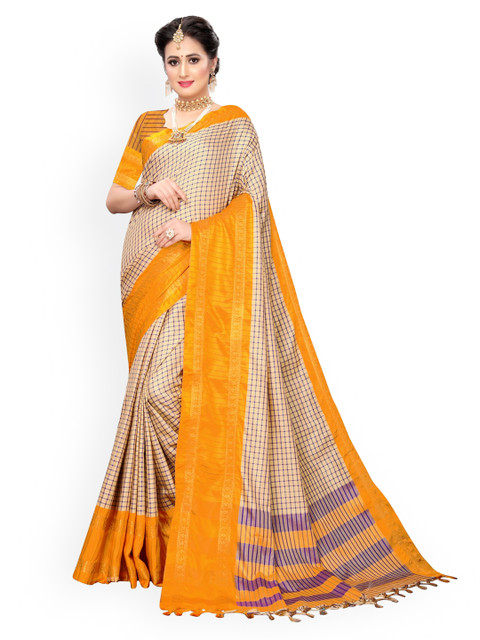 

KALINI Beige & Yellow Silk Blend Checked Kanjeevaram Saree