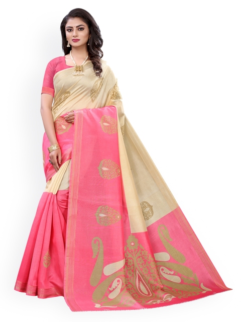 

KALINI Pink & Beige Poly Silk Printed Saree