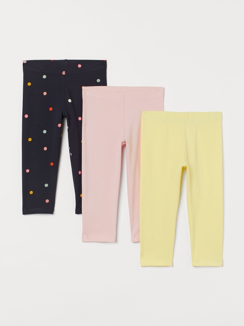 

H&M Girls Multicoloured Solid 3-Pack Cotton Leggings, Navy blue