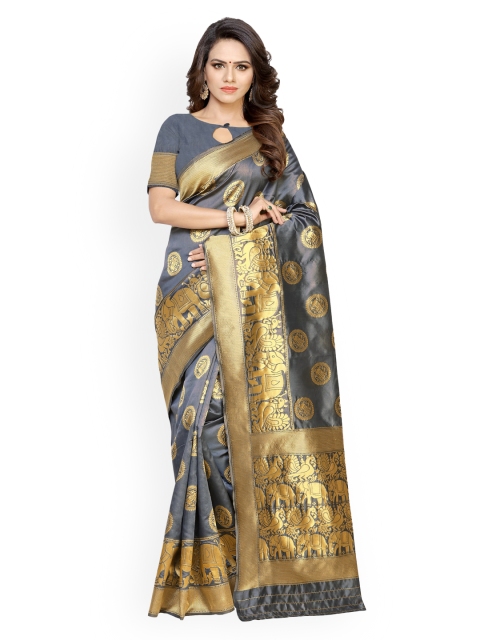 

KALINI Grey & Gold-Toned Poly Silk Woven Design Kanjeevaram Saree