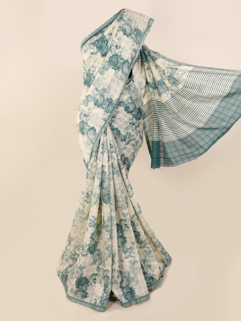 

Pothys Cream-Coloured & Blue Jute Cotton Printed Saree