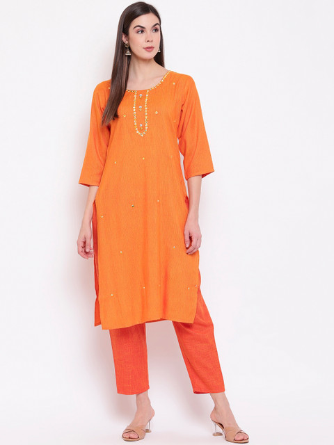 

Ashnaina Women Orange Yoke Design Kurta with Trousers