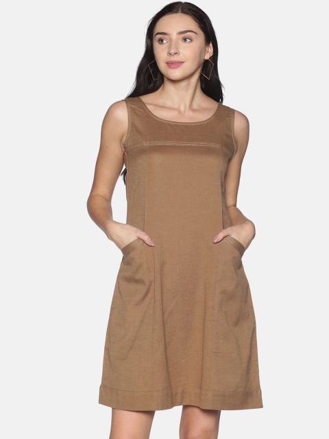 

Saffron Threads Women Brown Solid A-Line Cotton Linen Dress