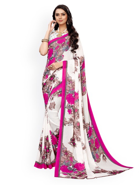 

KALINI White & Pink Pure Georgette Printed Saree