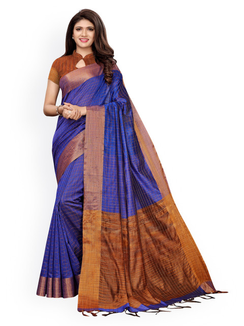 

KALINI Blue & Bronze-Toned Silk Cotton Checked Chanderi Saree