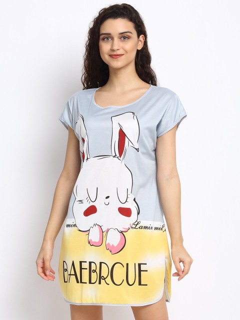 

NEUDIS Grey & Yellow Printed Cotton Sleep Shirt