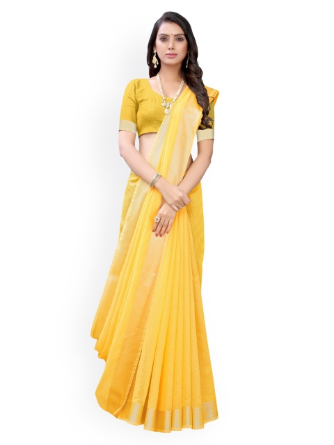 

KALINI Yellow Cotton Blend Solid Kanjeevaram Saree