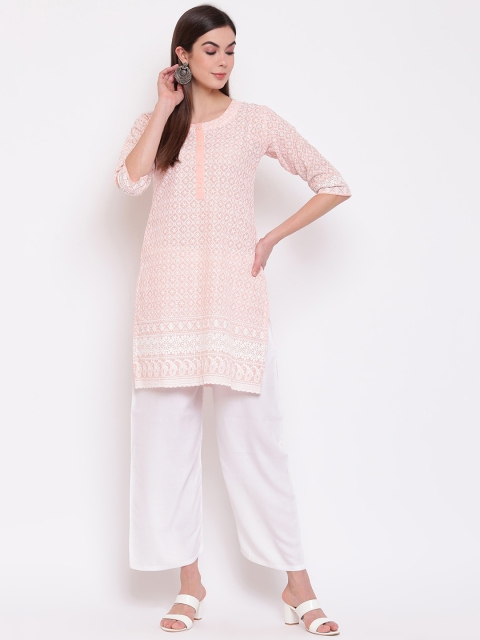 

Ashnaina Women Peach-Coloured & White Chikankari Embroidered Kurti with Trousers