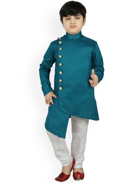 

SG YUVRAJ Boys Teal & White Solid Raw Silk Kurta with Churidar